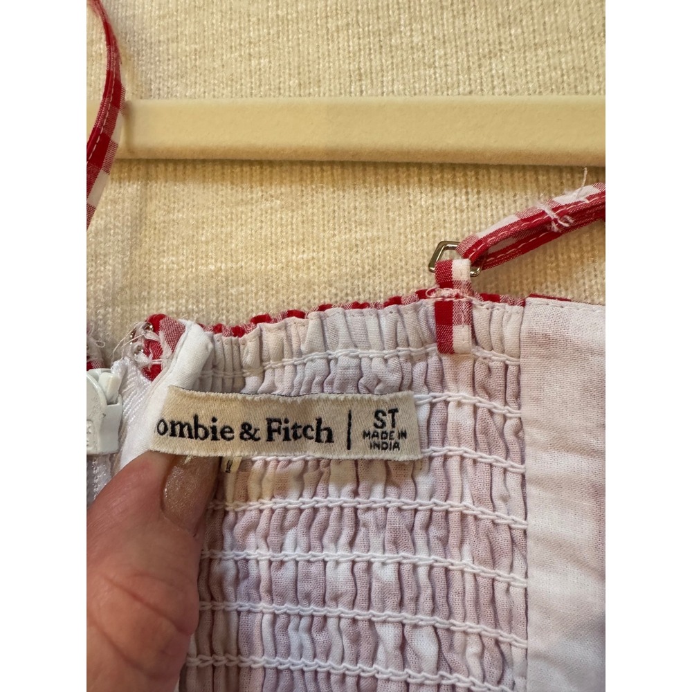 Abercrombie & Fitch Red Gingham Bubble Hem Mini Dress Smocked Back Small Tall - Picture 3 of 6